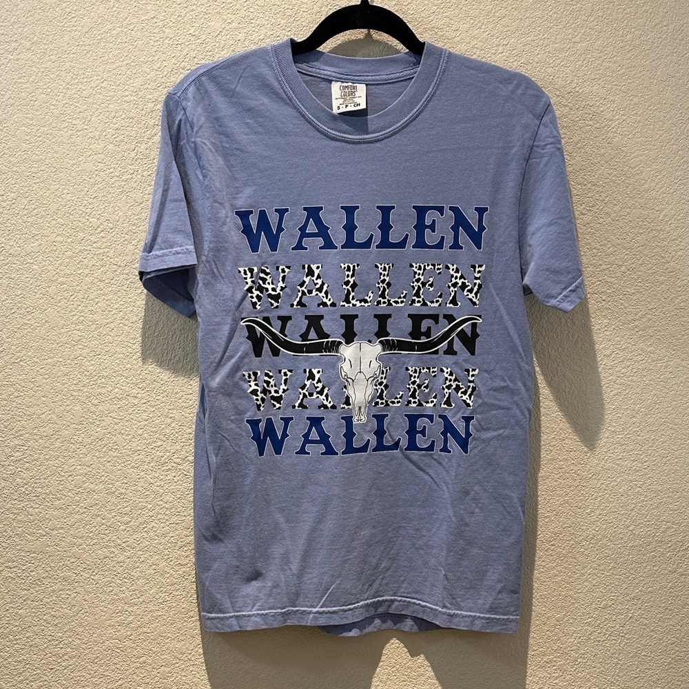 Comfort Colors WALLEN Logo Short Sleeve Tee in Light Blue—1 small & 1 medium
